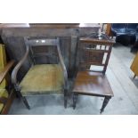 A Victorian oak hall chair and George IV mahogany open elbow chair