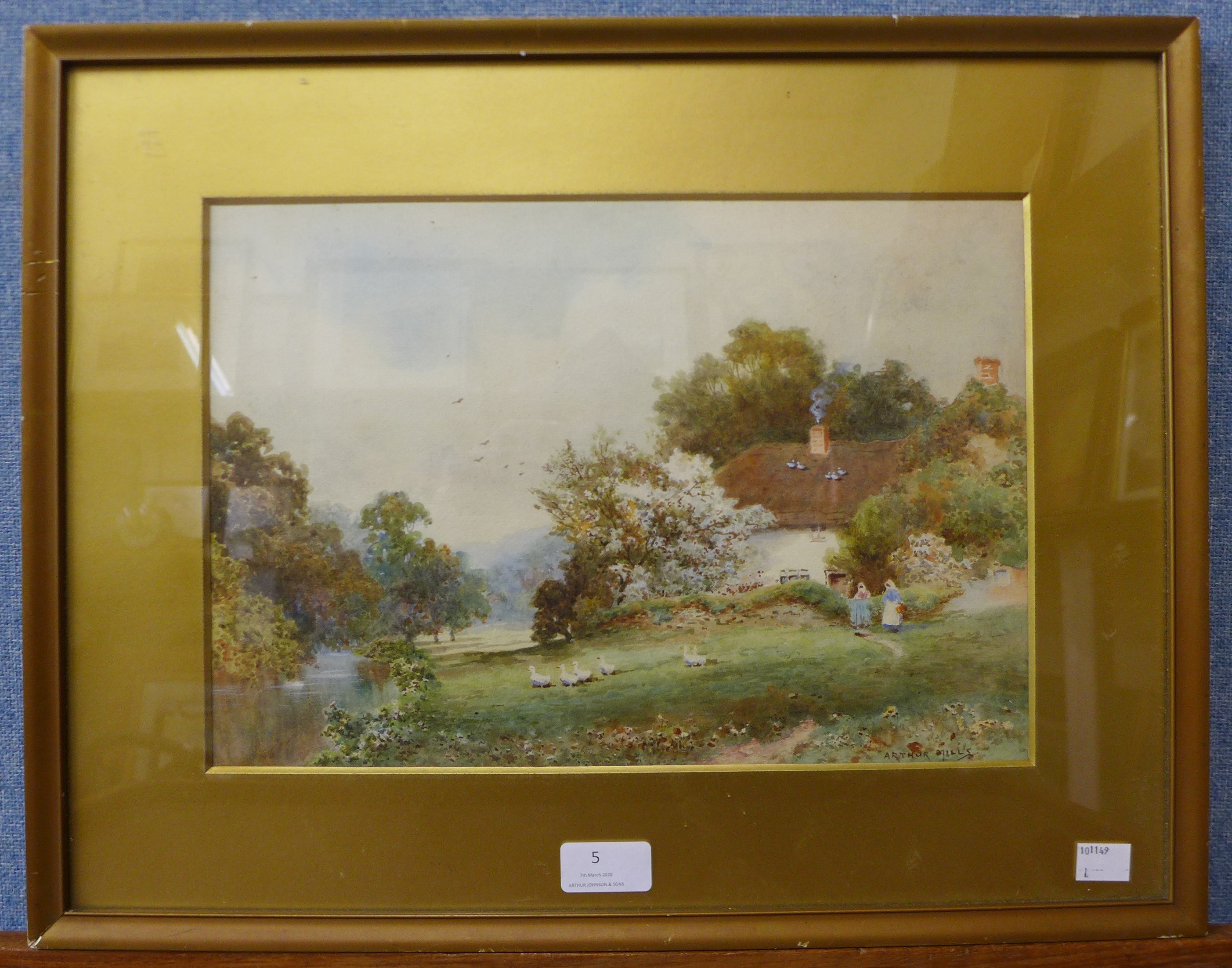 Arthur Mills, figures by a cottage, watercolour, 24 x35cms, framed - Image 2 of 2