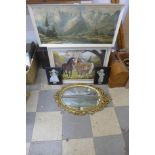 J. Elliott, study of two horses, oil on board, a mirror and a print