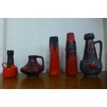 Five assorted West German studio pottery lava vases