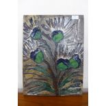 A German studio pottery wall plaque, depicting green and blue glazed thistles on a brown ground