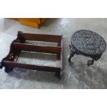 A Victorian mahogany wall hanging bookshelf and a carved elephant occasional table