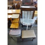 An oak display cabinet, three stools, etc., (6)