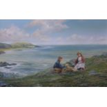 Roderick Lovesey, coastal scene with children, oil on canvas, 45 x 69cms, framed