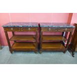 A pair of Art Deco walnut, anboyna and marble topped buffets