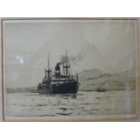A signed Norman Wilkinson etching, marine scene, 18 x 24cms, framed