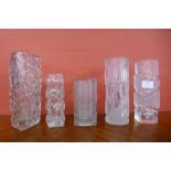 A Whitefriars style glass vase and four other studio glass vases