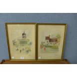 Geoff Willmott, two Nottingham scenes, pen, ink and watercolour, framed