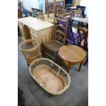 A George III elm chair, sewing table and two wicker baskets