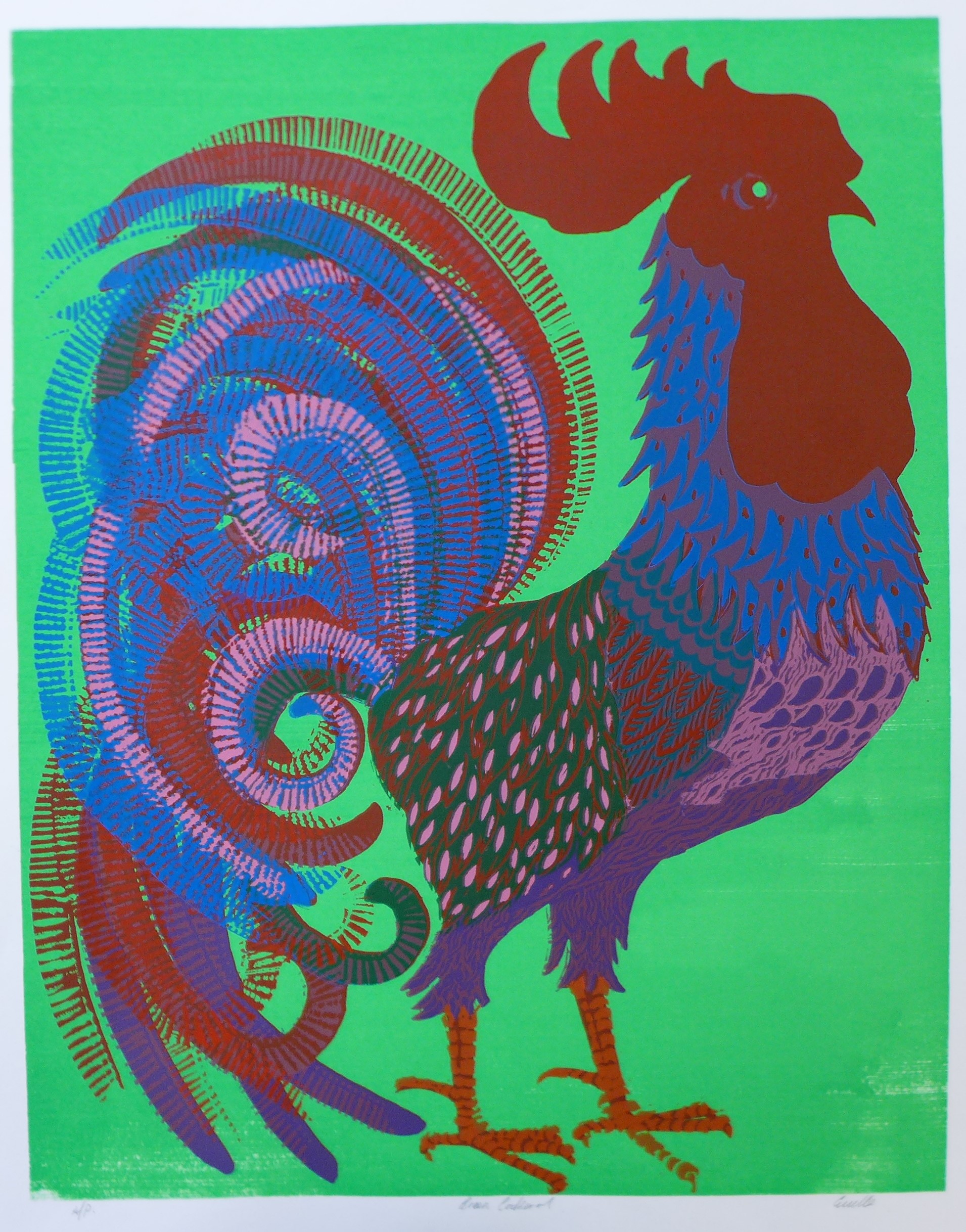 A signed Pamela Guille artist's proof print, cockerel, 50 x 41cms, unframed