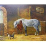 I. Rushton, horse, foal and dog in a stable, oil on board, 40 x 50cms, unframed