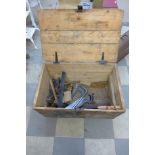 A pine tool chest with tools