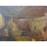 English School, blacksmith at the forge, oil on canvas, dated 1920, 38 x 51cms, unframed