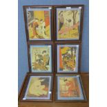 A set of six Japanese geisha girl prints, framed