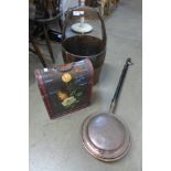 A coopered oak bucket, bed warming pan and a bottle holder