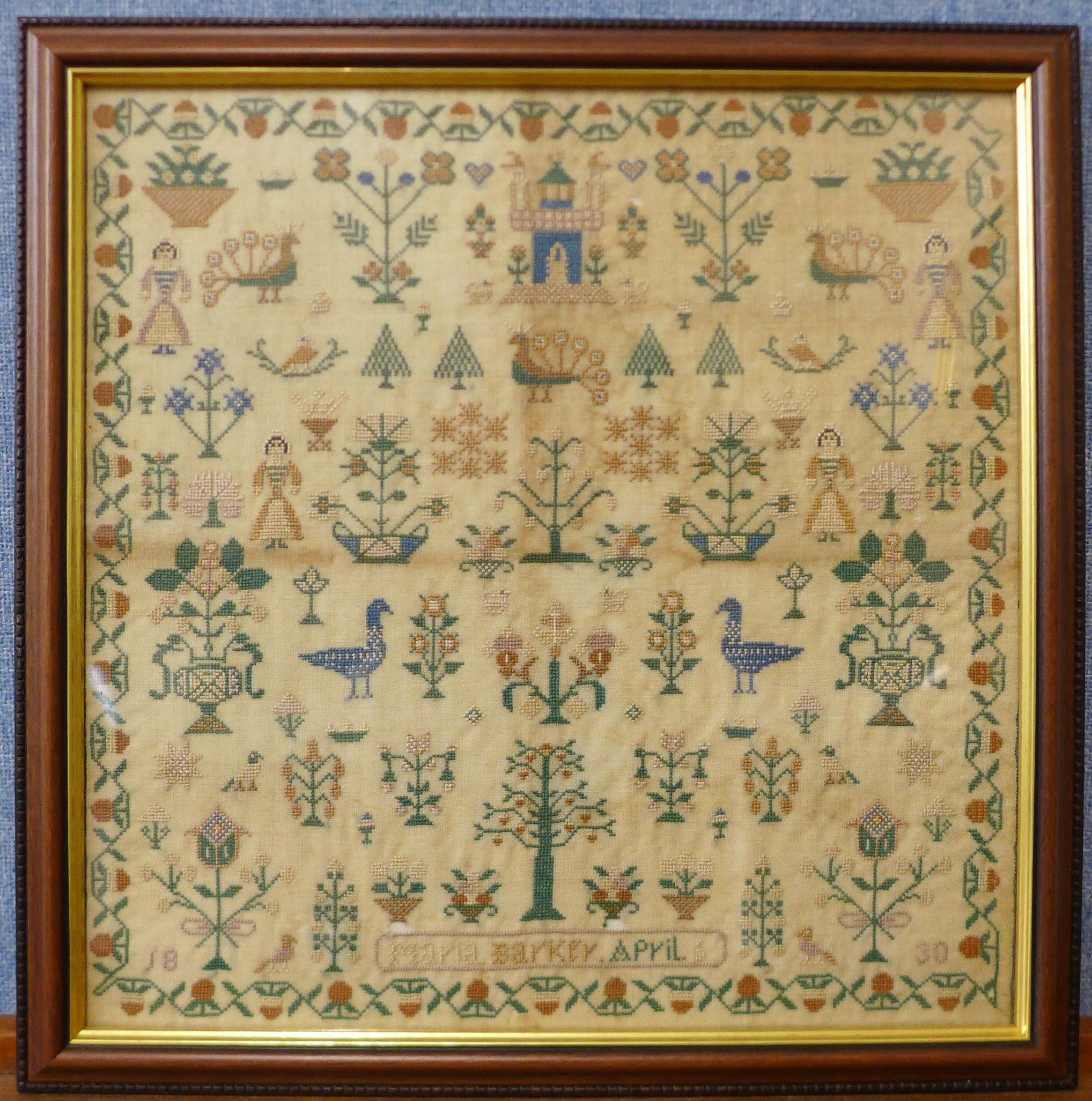 A George IV sampler by Maria Barker, April 1830, 32 x 32cms, framed