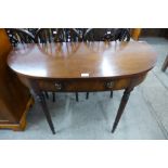 A mahogany demi-lune two drawer hall table