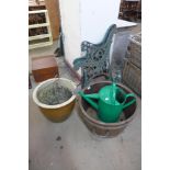 Two garden planters, pair of cast alloy bench ends, etc.