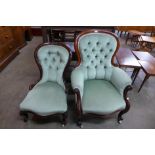Two similar Victorian mahogany and upholstered lady's and gentleman's spoonback chairs