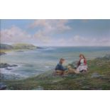 Roderick Lovesey, coastal scene with children, oil on canvas, 45 x 69cms, framed