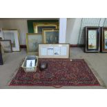 A folding card table, assorted prints and a rug