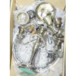 A box of plated ware including a three branch candelabra **PLEASE NOTE THIS LOT IS NOT ELIGIBLE