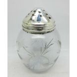 A silver and etched glass shaker