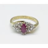 A 9ct gold, ruby and diamond ring, 2g, I