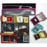 A collection of silver jewellery; earrings, pendant, rings and brooches