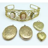 Three 9ct gold back and front lockets, a silver gilt locket and a cameo set bangle