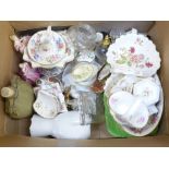 Three Royal Crown Derby Teddy bear figures, other decorative china including two Coalport figures,
