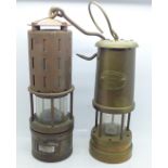 Two miner's lamps, Lamp and Limelight Company and German