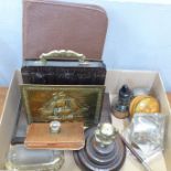 An inkwell, letter rack, paperweights including Lincoln imp, a blotter, etc.