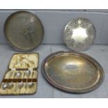 Two plated trays, salver and a cased set of spoons and sugar bows **PLEASE NOTE THIS LOT IS NOT