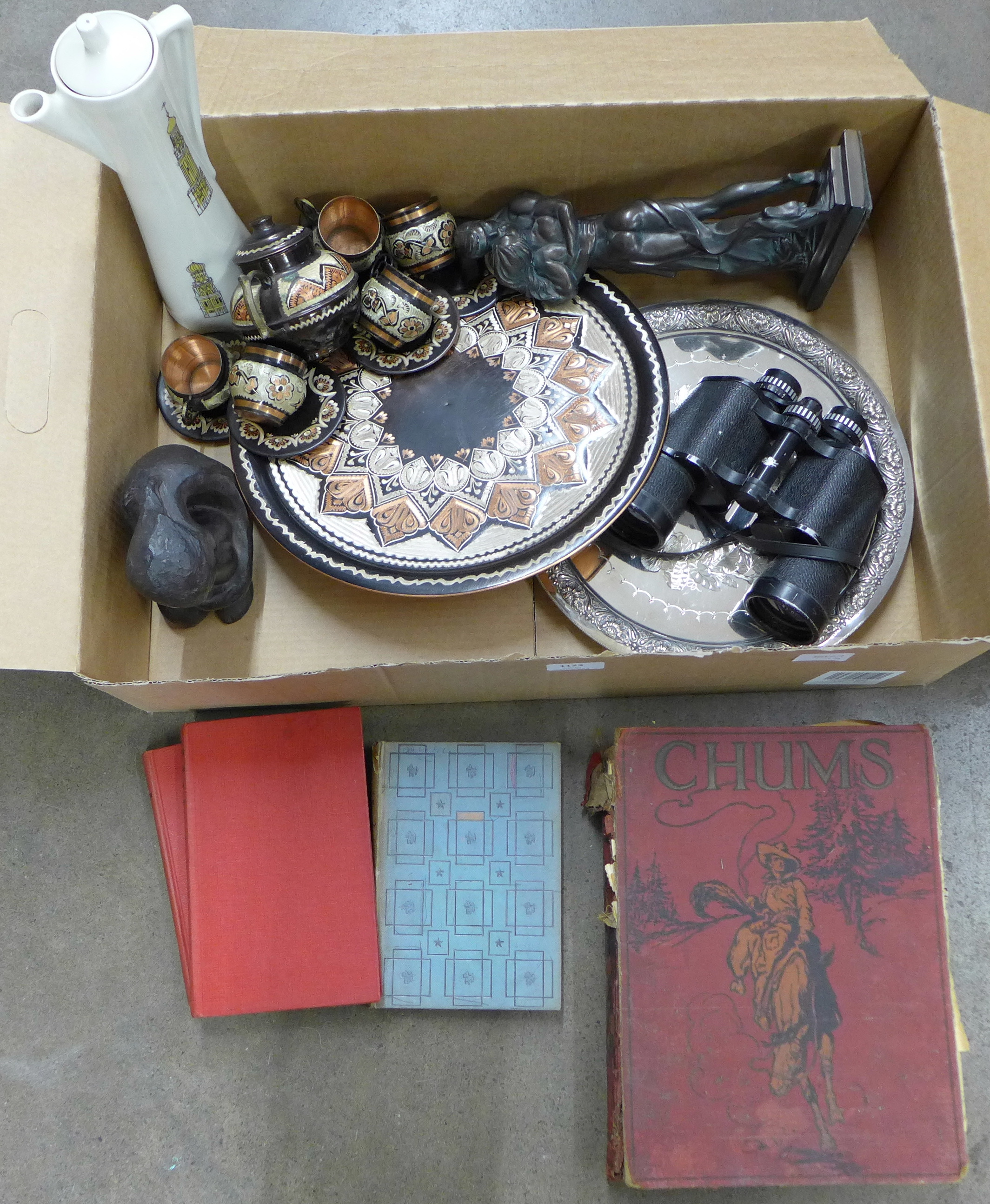 Two studio figures, an Eastern coffee service and tray, a pair of 16x50 binoculars, a coffee pot,