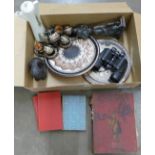 Two studio figures, an Eastern coffee service and tray, a pair of 16x50 binoculars, a coffee pot,