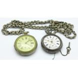 Two pocket watches including one silver cased by Fattorini, a/f, and a large white metal guard chain