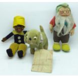 Three 1930's cloth and felt figures, Doc, dog and Nora Wellings type black doll