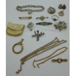 A 9ct gold brooch, picture locket and two chains, a/f, and other jewellery including silver, some