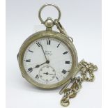 A silver cased Kay's Challenge pocket watch with Albert chain, dial a/f