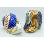 Two Royal Crown Derby paperweights, Snake and Snail, Snake with gold stopper