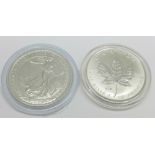 Two fine silver coins, 2000 1oz Canadian $5 and 2012 1oz Britannia £2