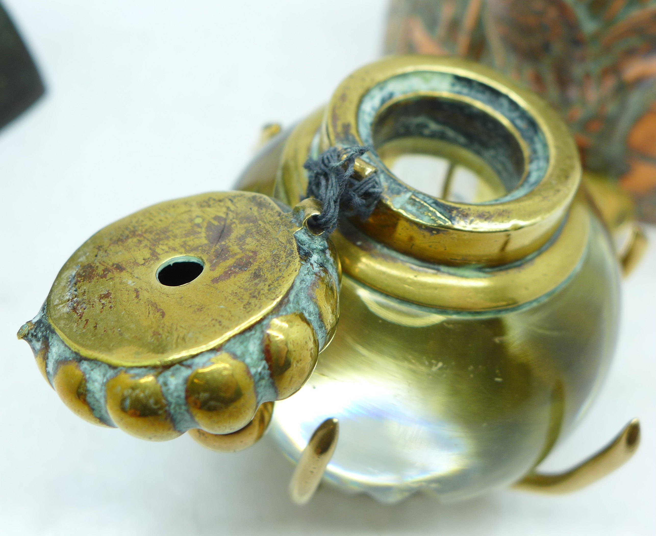 A Chinese embossed copper plated tea caddy, a bronze bust of a Native American and a brass and glass - Image 2 of 4