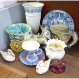 China including a blue and white transfer printed plate of New York City, a Royal Doulton large