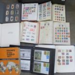 Albums of stamps, stamp books, an album of cigarette cards including Players, etc.