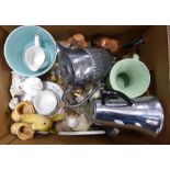 A box of mixed china including Sadler, continental and a Foley planter and two plated pots **