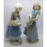 A Nao figure, Country Girl with Rabbit, a/f and a Lladro figure, Dutch Girl with Duck