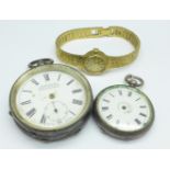A silver pocket watch, a fob watch and a wristwatch, a/f