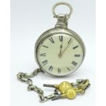 A silver pair case pocket watch with fusee movement, D. Douglas, Whitehaven, with Albert and two