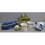 A blue and white bowl, two commemorative mugs and a pot-pourri, a 'piggy bank' and a Lilliput Lane